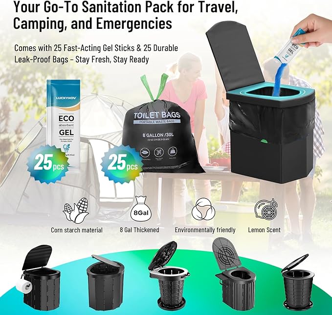 25 Portable Toilet Bags with 25 Poo Gels, 8 Gallon Leak-Proof Camping Toilet Waste Bags – Absorbent Gel Value Pack for Portable Potty, RV, Hiking, Travel, Outdoor Use