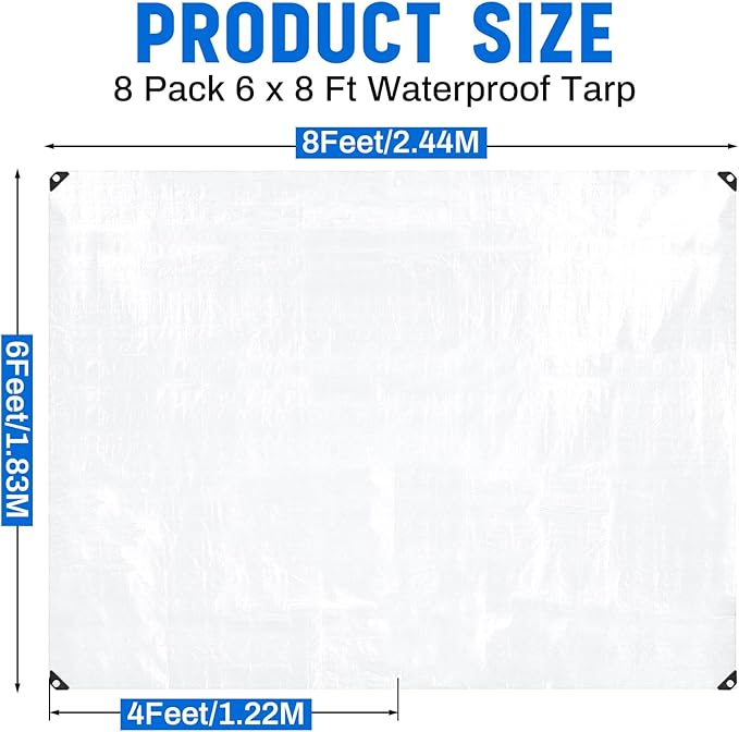 8 Pack 6 x 8 ft 5.5 Mil Large Tarps Heavy Duty Waterproof Tarp Multi Purpose Tent Cover for Home Boats Cars Camping Patio Furniture Roof Emergency Rain Protective Cover, White