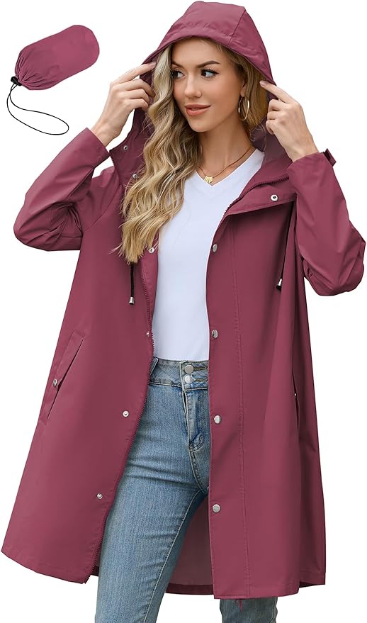 Zando Long Packable Rain Jacket Women Waterproof - Raincoat for Women Rain Coat with Hood Lightweight Outdoor Windbreaker