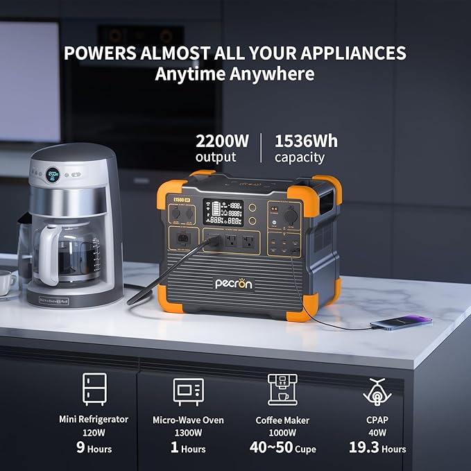 pecron E1500LFP Solar Generator with 300W Solar Panel,1536Wh/2200W Portable Power Station LiFePO4 Battery Backup for Home Use, Camping, RV