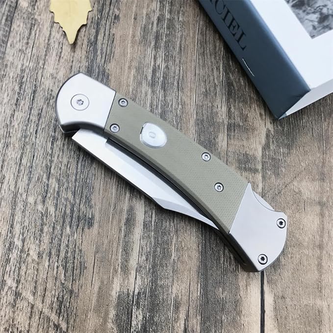 push button assisted opening Folding Knife,440C Stainless Steel Blade, Backlock G10 Handle with Leather Sheath, EDC Pocket Knives for Men (Khaki)