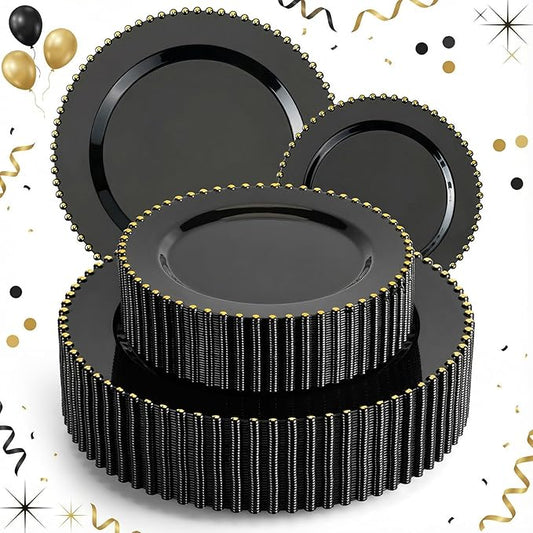 EI 60pcs Black Plastic Plates,Black and Gold Plastic Plates Disposable,Fancy Heavy Duty Plate for Party,Birthday,Anniversary,Christmas,New Year