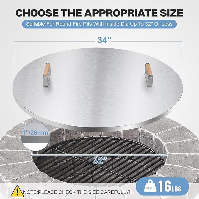 Fire Pit Lid Cover Round - 34" Stainless Steel Rust Resistant Firepit Cover or Table with 2 Wooden Handles for Patio Fire Pit, Weatherproof for All Seasons, Fits Fire Pits Up to 32"