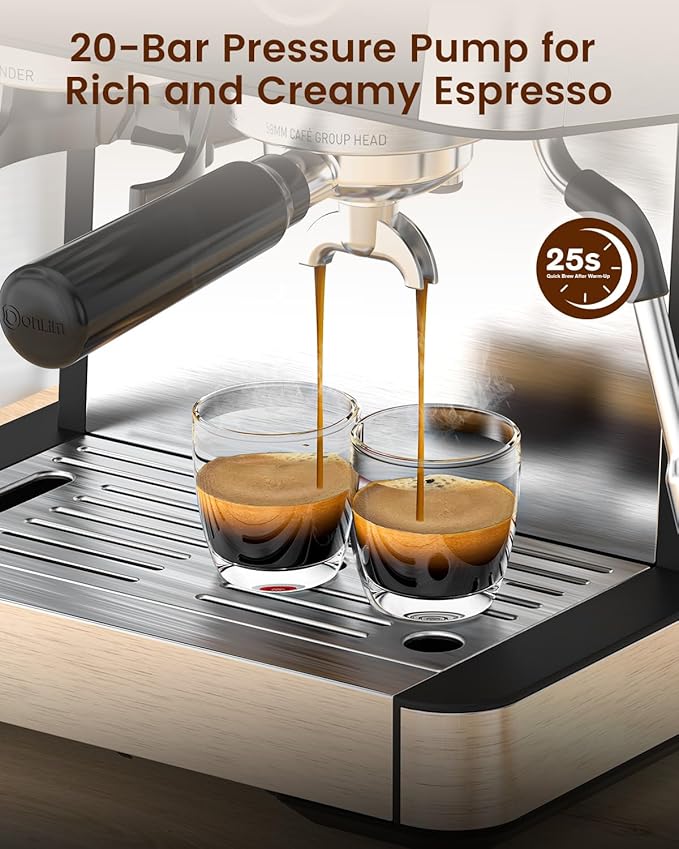(2025 Upgrade)20 Bar Espresso Machine with Built-in Anti-Clog Coffee Grinder, Expresso Coffee Machines with Milk Steam Wand/Frother/Tamping Tools,Espresso Maker with Grinder for Lattes-Deep Black