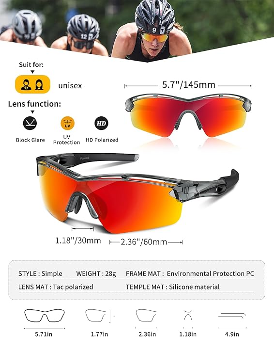 Rosemal Sports Sunglasses Polarized Cycling Sunglasses Running Driving Fishing Hiking for Men Women UV400 TAC TR90