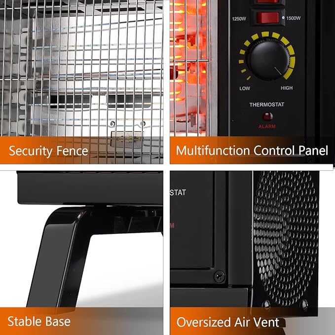 Homeleader ETL Portable Radiant Heater, 1250W/1500W Space Heater for Indoor Use, Rapid Heating with Adjustable Thermostat, Perfect for garages, Black