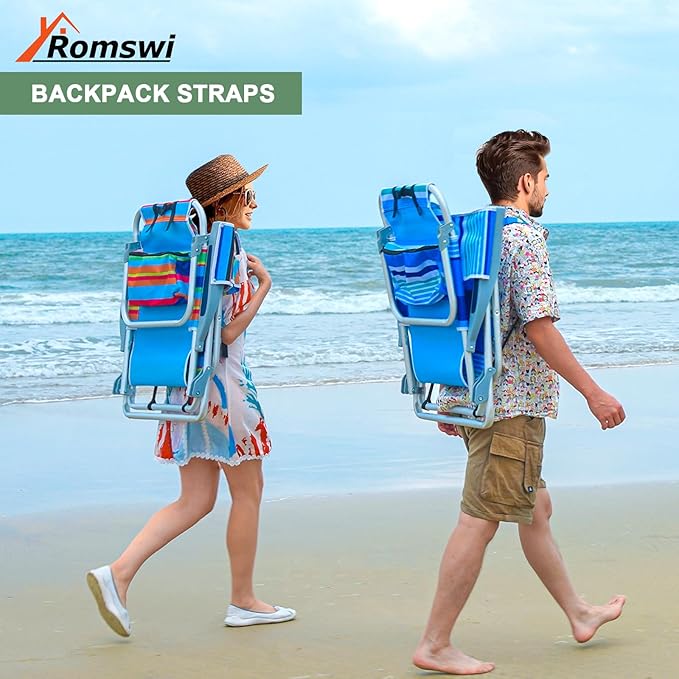 2Pk Aluminum 5-Position Lay Flat Folding Backpack Beach Chairs for Adults with Cooler Bag, Cup&Phone Holder, Towel Bar for Outdoor Lawn Picnic Sport, Portable Foldable Camping Chairs, Multi Stripes