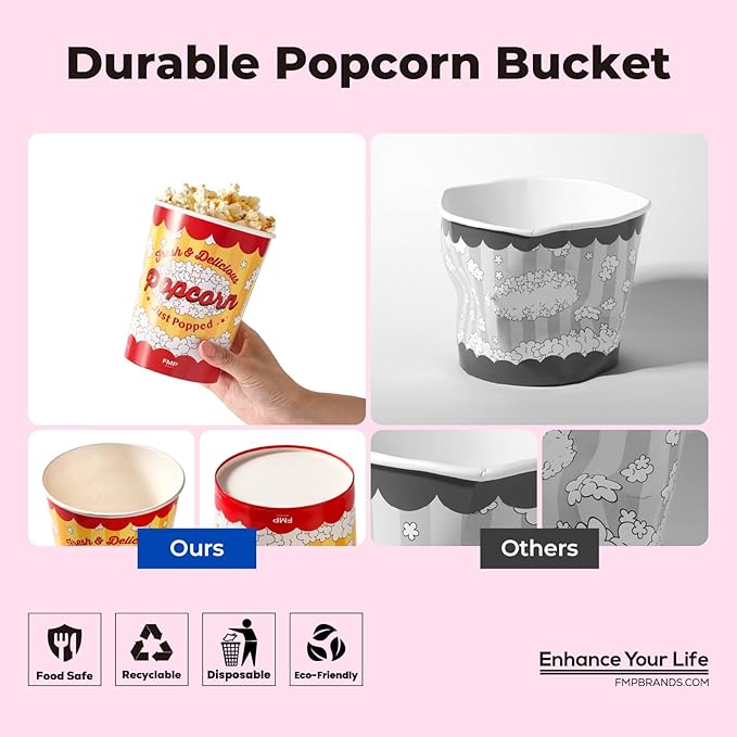 Fit Meal Prep 25 Pack Classic Paper Popcorn Buckets Disposable, 32 Oz Grease Resistant Popcorn Bowls Cups for Machine Home Theater Carnival Movie Night