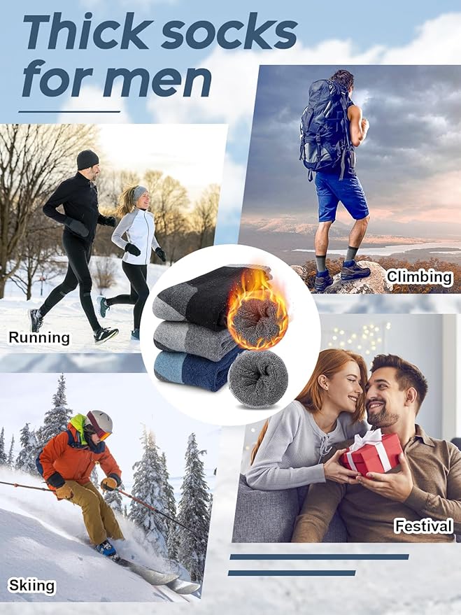 Senker Fashion Merino Wool Hiking Socks for Men, Warm Crew Socks W/Cushion Moisture Wicking for Trekking Work Outdoor