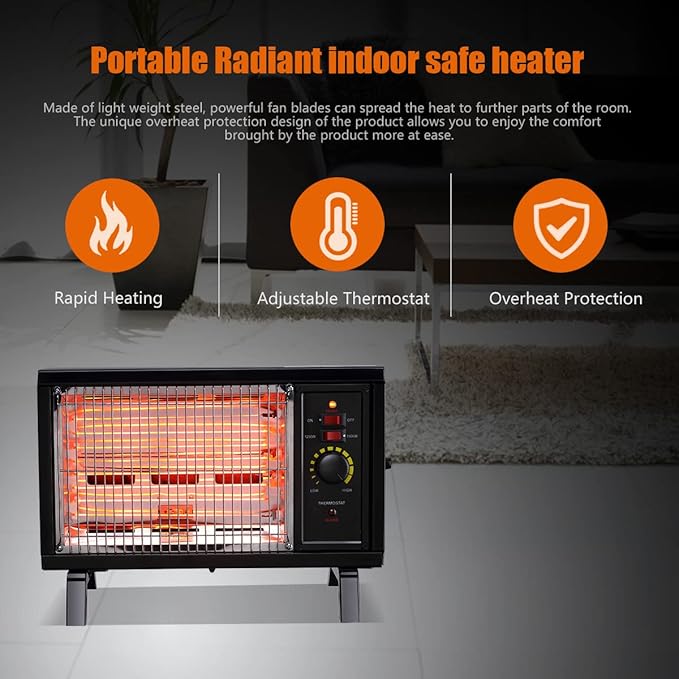 Homeleader ETL Portable Radiant Heater, 1250W/1500W Space Heater for Indoor Use, Rapid Heating with Adjustable Thermostat, Perfect for garages, Black
