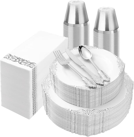 350PCS Silver Plastic Plates for 50 Guests, Disposable Dinnerware Set Includes 100 Disposable Plates, 150 Silver Silverware, 50 Cups, 50 Napkins for Party & Wedding