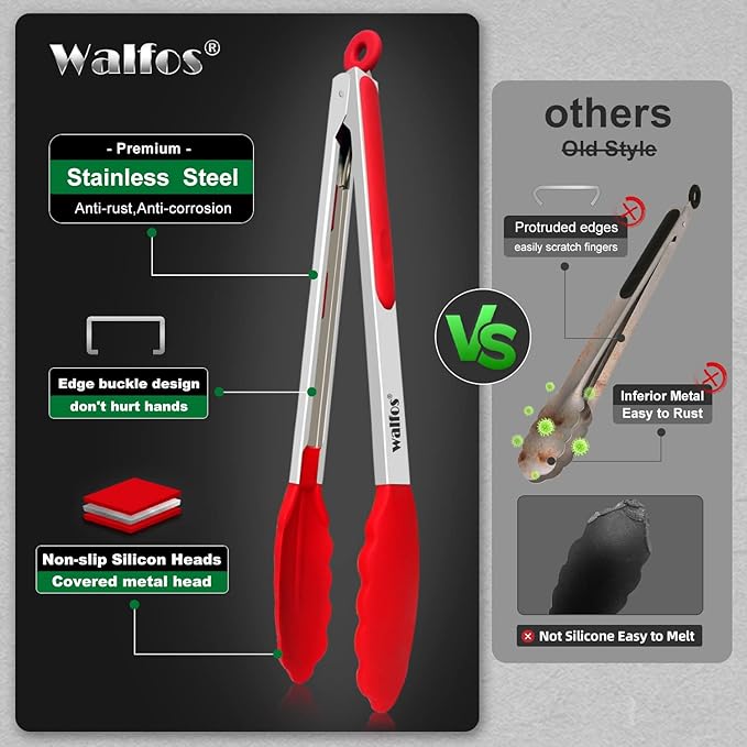 Walfos Kitchen Tongs - 7" 9" and 12" Heat Resistant Cooking Tongs, Stainless Steel and BPA Free Silicone Tips, Great for Cooking, Salad, Grilling, Turning, Dishwasher safe,set of 3