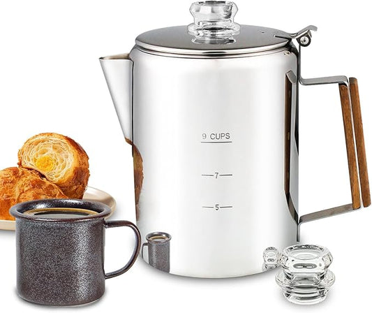 Coffee Percolator Camping Coffee Pot Stainless Steel Coffee Maker with Two Heat Resistant Tough Glass Knob Using on any Stovetop Outdoor Traveling NO Aluminum NO Plastic (9 Cup)