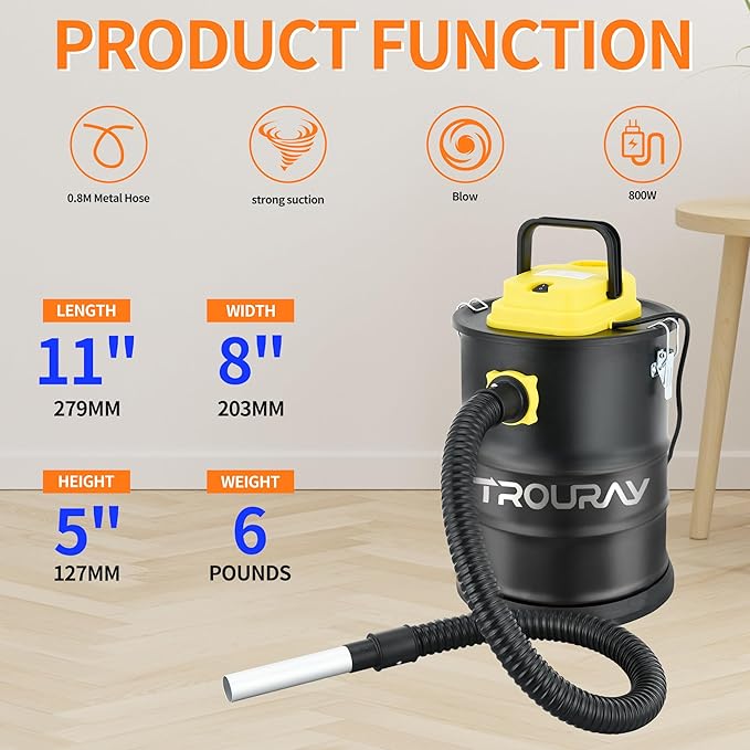 Ash Vacuum Cleaner,2.6 Gallon Heat-Resistant Lightweight Canister Vac Cleaners with 800W Powerful Suction and Blowing for Home