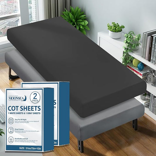 Cot Sheet 31" x 75"(2 Pack), Cot Fitted Sheet Ultra Soft and Breathable Snug Fit for Narrow Twin Mattress/Camp Bunk Beds/RVs Bunk/Guest Beds/Army Cots/Trifold Mattress Grey and Black, Sheet Only