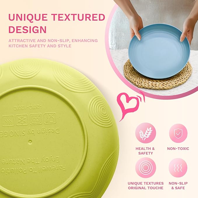 Homienly Wheat Straw Dinner Plates Set of 4 Unbreakable Plate Set with Textured Pattern - Microwave and Dishwasher Safe Plates Kitchen Plate for Salad, Dessert, Dinner, Fruit - Memphis Color