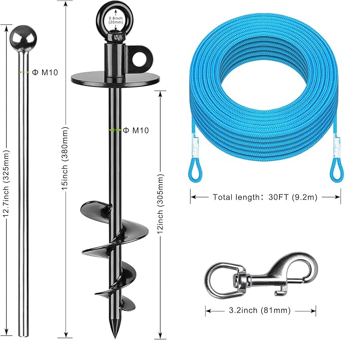 Dog Tie Out Cable and Stake, 30ft Dog Lead, 15" Heavy Duty Dog Anchor for Dogs Up to 125lbs, No Tangle, Dog Runner for Yard and Camping