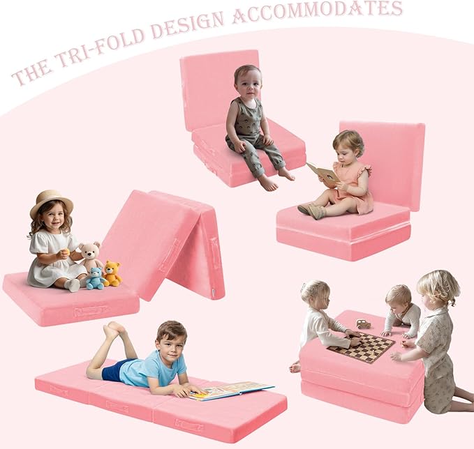 MeMoreCool Foldable Floor Mattress for Kids, Toddler Nap Mat for Daycare, Portable Trifold Futon and Floor Bed, Tri-Folding Mattress, Pink 57x22 Inch