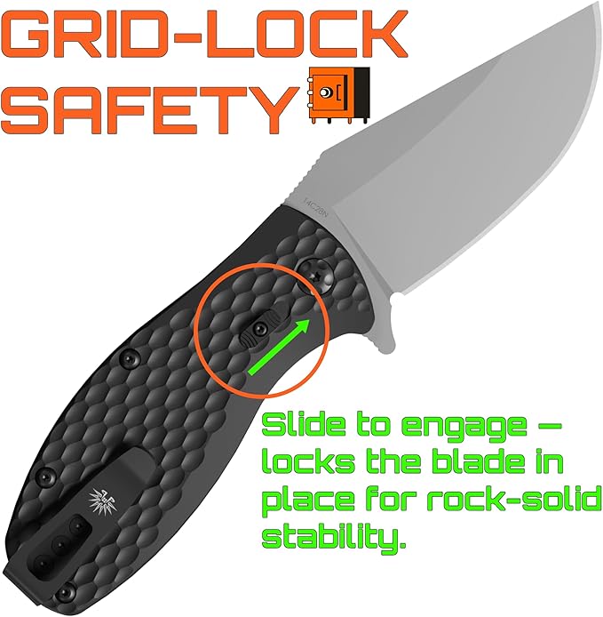 Off-Grid Knives - Badger EDC Folding Knife with Sandvik 14C28N Blade, Ball Bearing Pivot, G10 Scales, Grid-Lock, Ambidextrous Deep Carry Clip (Tumbled Stone)