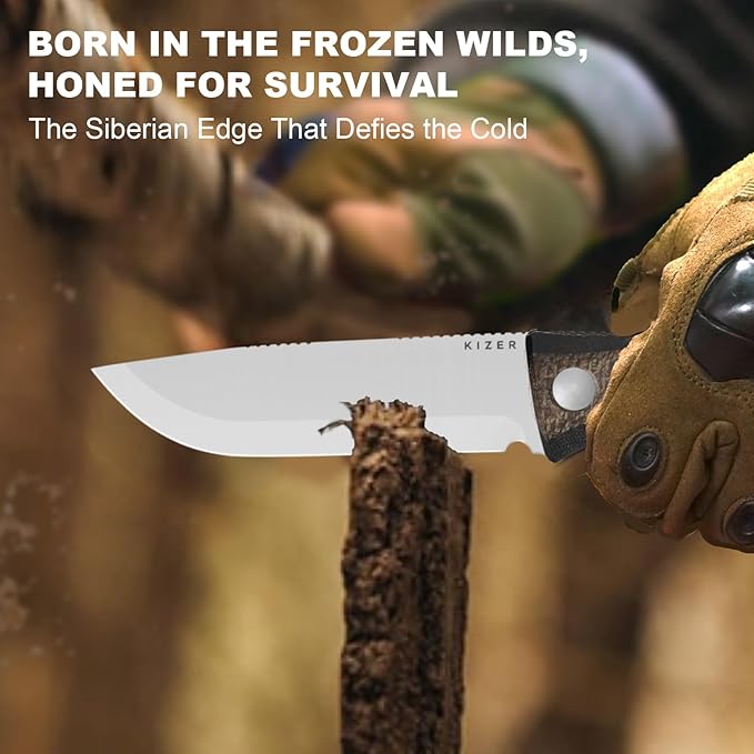 Kizer Polaris Fixed Blade Knife, 4.23" AEB-L Steel Camping Knife with Brown Black Micarta & Black G10 Handle, Survival Hunting Bushcraft Knives with Adjustable Sheath & Sharpener, 1100A3