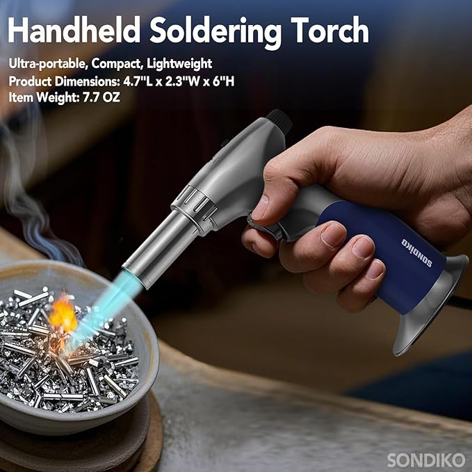 Sondiko Butane Dual Adjustable Flame Size Butane Torch Lighter, Mini Blow Torch, Refillable kitchen Torch with Continuous Flame Lock for Creme Brulee, Cooking (Butane Gas Is Not Included)