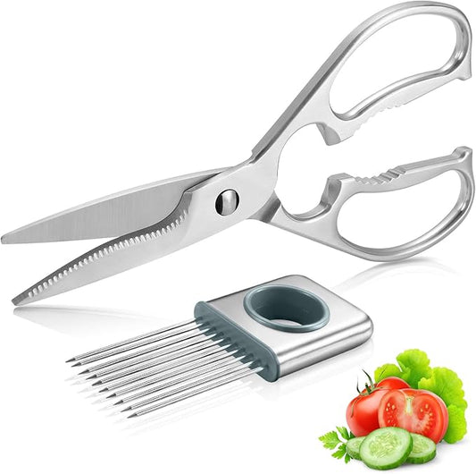 Multipurpose Kitchen Shears by WELLSTAR, Come Apart Heavy Duty German Stainless Steel Food Scissors for Cutting Meat Poultry Chicken Vegetable, Plus Handy Onion Slicing Holder, Gift Box Pack
