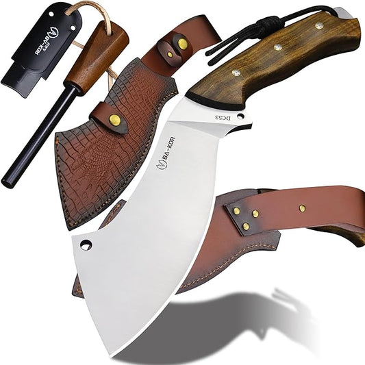 BA-KOR USA (Savior III) 8mmDC53 steel 35CM (14 ") full Tang fixed knife with leather sheath and (5.9 ") ceria ignition head, suitable for outdoor hunting, camping, clearing, adventure, fishing, EDC, BBQ (BA-K0d(8mm))