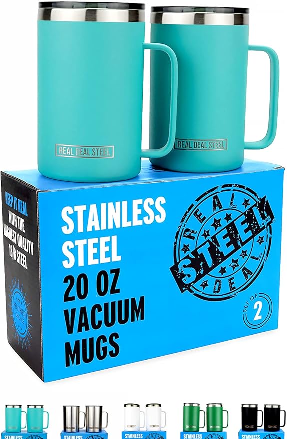 Insulated Mug with Handle and Lid - Stainless Steel Vacuum Coffee Cup, Set of 2, 20 oz - Large Double Wall Coffee or Tea Cup, Thermal Camping Mug Keeps Drinks Hot, That Keeps Beer Cold