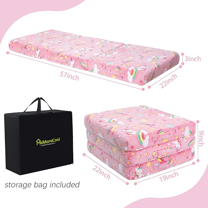 MeMoreCool Glow Pink Unicorn Foldable Floor Mattress for Kids, Trifold Nap Mat for Toddlers, Portable Daycare Sleeping Futon or Floor Bed, 57x22 Inch