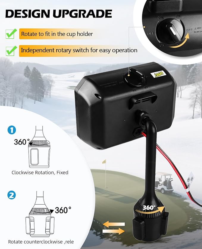 Golf Cart Electric Heater, 400W Safe and Quiet Carbon Fiber Heating, Heat Up 120 Square Feet for 48V Club Car/Yamaha/EZGO Golf Cart Battery Operated Heater & Cup Holder Adapter, Black