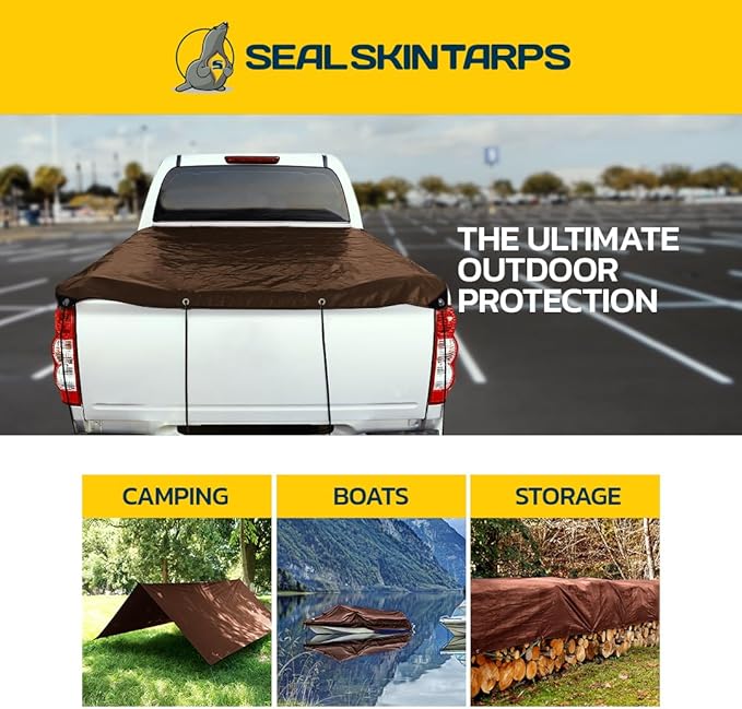 Seal Skin Covers Heavy Duty Waterproof Tarp 6x8 FT, 16 Mil 8 OZ 160 GSM Thick Brown Poly Tarp with Rustproof Grommets, Tear-Proof Cover with Reinforced Edges for Camping, Pool, Canopy Use