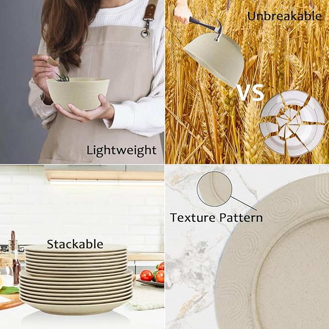 40 Pieces Plates and Bowls Sets, Wheat Straw Dinnerware Sets for 8, Dinner Plates, Cereal Bowls and Drinking Cups, Unbreakable and Reusable Plastic Dinnerware Sets (Beige)