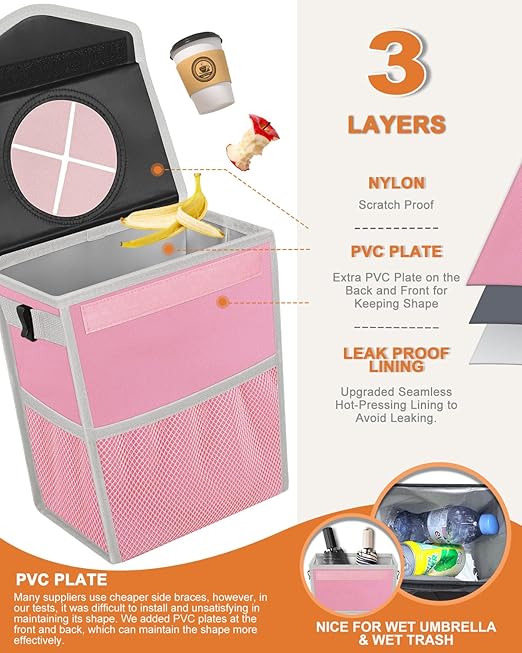 Car Trash Can with Lid, Cute Leakproof Car Trash Garbage Bag Hanging Vehicle Trash Bin Small Portable Automotive Garbage Cans Organizer for Back/Front Seat(Trapezoid,Pink