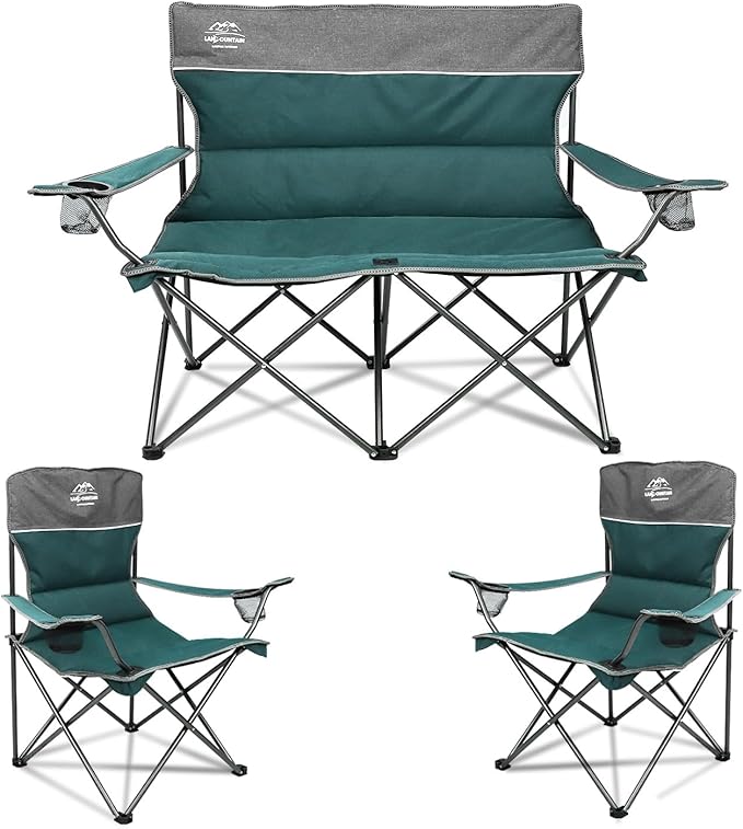 3 Piece Portable Camping Chairs Set,Folding Lawn Chair Set with Cup Holder,Outdoor Heavy Duty Comfy Chairs,Loveseat Chair Perfect for Family Hiking,Picnics and Beach Trips,Bistro Green