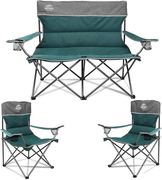 3 Piece Portable Camping Chairs Set,Folding Lawn Chair Set with Cup Holder,Outdoor Heavy Duty Comfy Chairs,Loveseat Chair Perfect for Family Hiking,Picnics and Beach Trips,Bistro Green