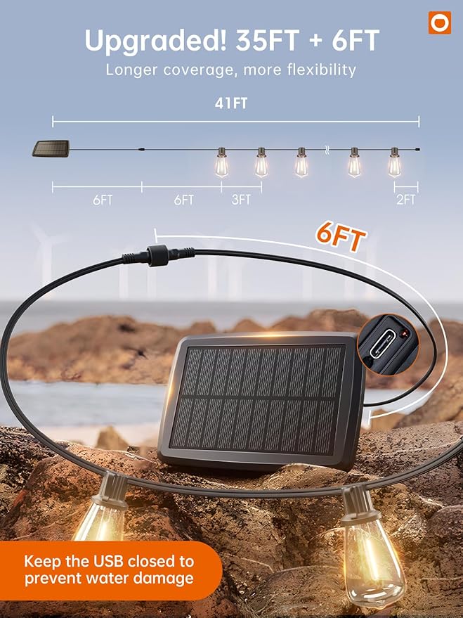 addlon 35FT Solar String Lights Outdoor, IP54 Waterproof Solar Powered with Remote & USB Port, 10+1 LED Shatterproof Bulbs, Dimmable Solar Light Outdoor for Camping Backyard Bistro Porch