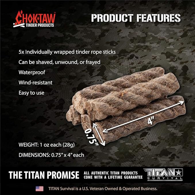 CHOKTAW Waxed Jute Rope Survival Fire Starters x5 - Natural Waterproof Rope Fire Sticks for Fire Starting & Emergency - Firestarters for Backpacking, Hiking, Camping, Hunting, Fishing & Boating Tinder