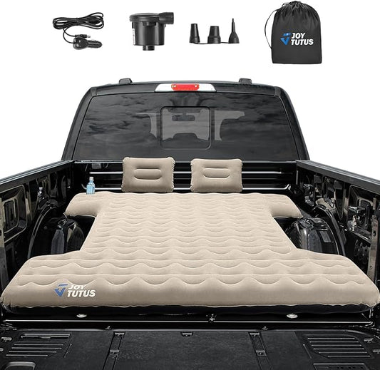 JOYTUTUS Upgraded Light Version Truck Bed Air Mattress for Camping, Thicken Inflatable Mattress for 6.4-6.7Ft Short Truck Bed,with Built-in Cup Holder&2 Inflatable Pillow,Camel and Black