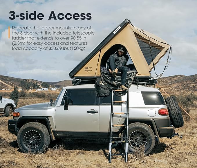 Sanhima Rooftop Tent Hard Shell - Hotham Lite Overland Aluminium Roof Top Tent 4.56" Slimline, w/Tri-Color LED Strip Light & 1.97” Thick Mattress, for Car SUV Truck Camping, 2-3 People