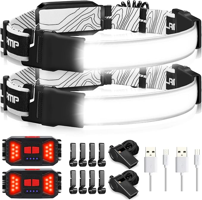 Adelante LED Headlamp Flashlight, 1000LM 230Wide-Beam USB Rechargeable Head Light with Taillight(Individual Control) & 8 Clips Waterproof Headlight Headlamps for Running and Camping (2 Pack, Black)