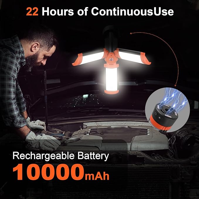 Rechargeable Camping Light with Stand, 73.2" Cordless Work Light, 5000LM, 100W LEDUSB-C Fast Charge 360° Adjustable, 5 Modes & 48H Runtime, Camping Lights for Outdoor, Job Site, Garage, Emergency