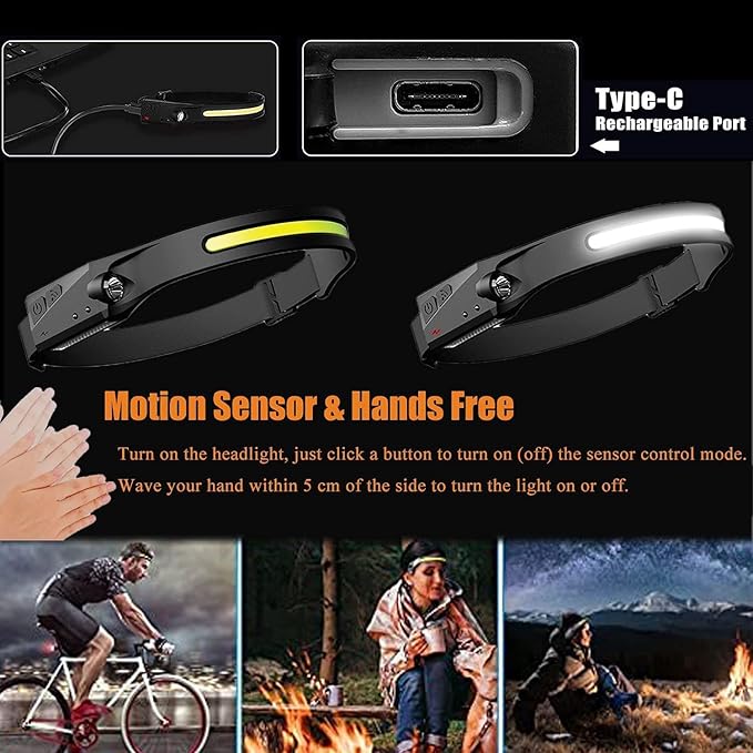 Headlamp Rechargeable 2PCS, 230° Wide Beam Head Lamps LED with Motion Sensor for Adults, Mechanic Headlamp, Weatherproof, Lightweight Head Lights Flashlight for Camping, Running