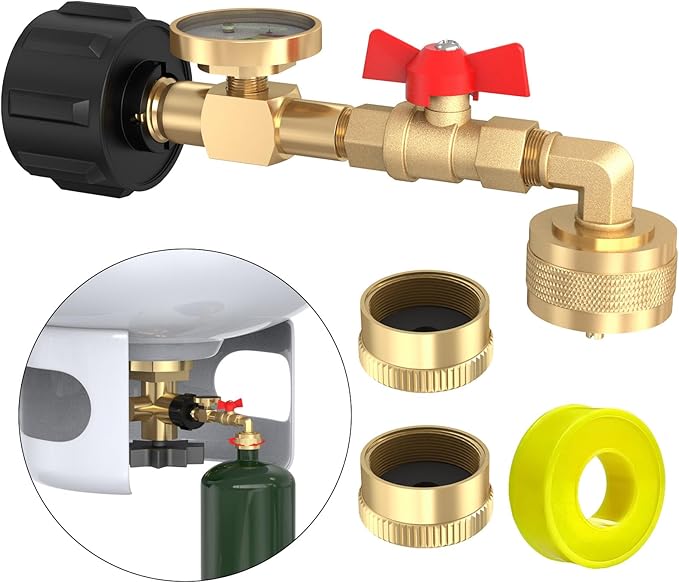 2025 upgrade Easy to install Swivel Propane Refill Elbow Adapter 1lb to 20lb QCC1 Propane Refill Elbow Adapter with Gauge and ON-Off Control Valve for Camping Grill 1LB Propane Tank to Be Refilled Gas