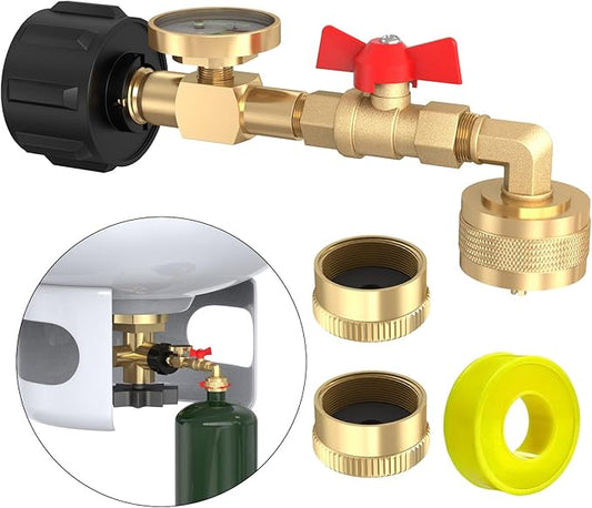 2025 upgrade Easy to install Swivel Propane Refill Elbow Adapter 1lb to 20lb QCC1 Propane Refill Elbow Adapter with Gauge and ON-Off Control Valve for Camping Grill 1LB Propane Tank to Be Refilled Gas