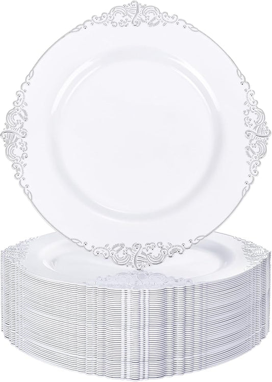 Nervure 100PCS White and Silver Plastic Plates - 10.25Inch Silver Disposable Plates - Heavyweight Dinner Plates for Wedding & Party & Holiday