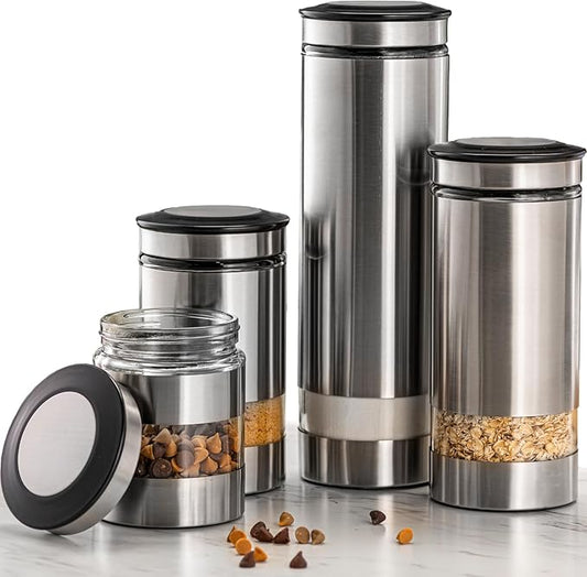 Le'raze Airtight Glass Canister Set of 4 with Stainless Steel Sleeve for Kitchen Counter - Food Storage Containers with Glass Window and Airtight Lids - Pantry Storage and Organization Set