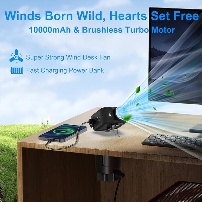 7-in-1 Multi-Use Portable Fan Hands Free Flashlight Etc,Christmas Gifts for Men Women,Turbo Powerful Cooling Personal Fan,10000mAh,24H Lasting,LED Display,Outdoor Travel Camping Fitness Gift (Black)