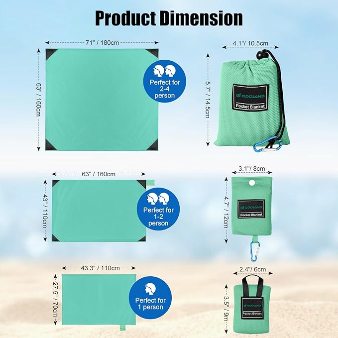 Odoland Pocket Blanket Picnic Blanket, 71" x 63" SandProof Waterproof Outdoor Beach Blanket with Portable Bag, Foldable Lightweight Sand Free Quick Drying Mat for Hiking Camping Travel, Light Green
