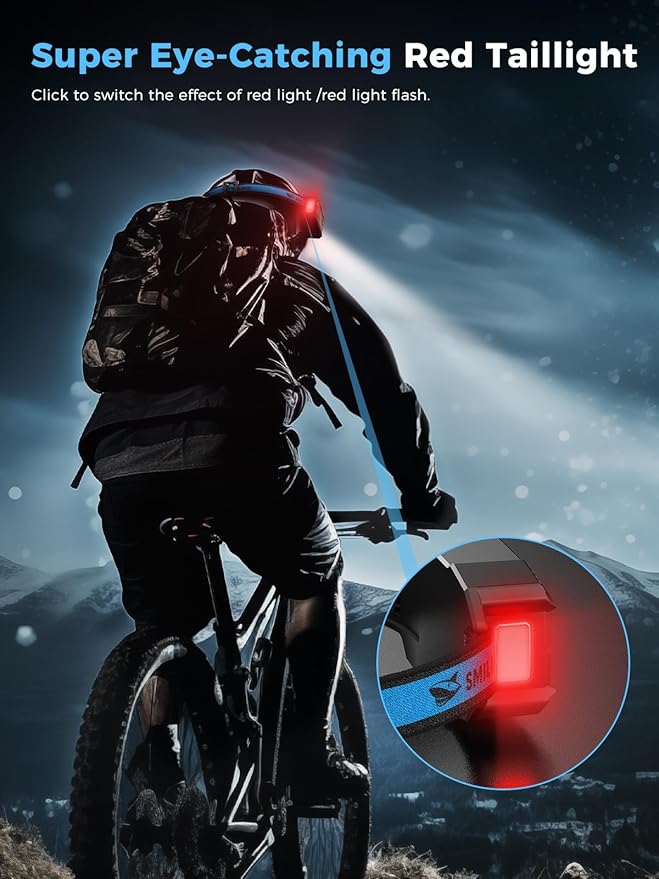 Smiling Shark Headlamp, Head Lamp Led Rechargeable 6 Modes 7*White Lights 270° Lighting Width Motion Sensor Red Tail Light for Camping Fishing Running Repairation, LED-Headlamp-Rechargeable-Light