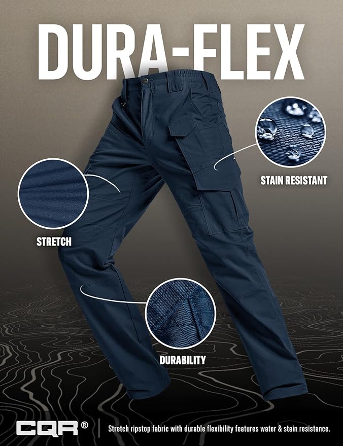 CQR Men's Flex Ripstop Tactical Pants, Water Resistant Stretch Cargo Pants, Lightweight EDC Hiking Work Pants